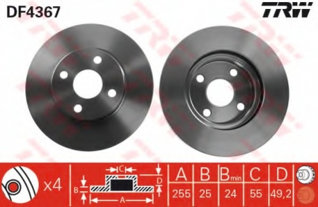 DF4367 TRW - Тормозной диск передний Geely SL FC, BYD F3, Lifan 620 (Фото 1)