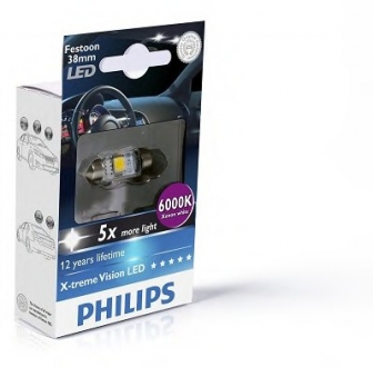 128596000KX1 PHILIPS - Лампа вспомогат. освещения T10,5x38 12V SV8.5-8 (10,5x38) BlueVision  LED 6 000 K( ) (Фото 1)
